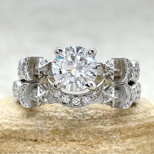 Space Themed Moissanite Bridal Set Round Cut in 14k White Gold LS6752