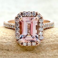 Emerald Pink Morganite Ring with Diamond Halo 14k Rose Gold LS6759