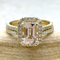 Halo Morganite Bridal Set Emerald Cut Ring in 14k Yellow Gold LS6758