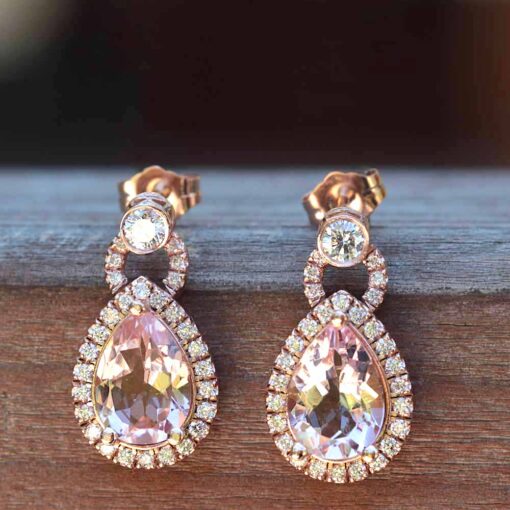 Pear Morganite Drop Earrings Single Halo in 14k Rose Gold LS4335