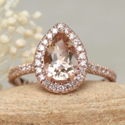 Vintage Style Morganite Ring Pear Single Halo 14k Rose Gold LS6140