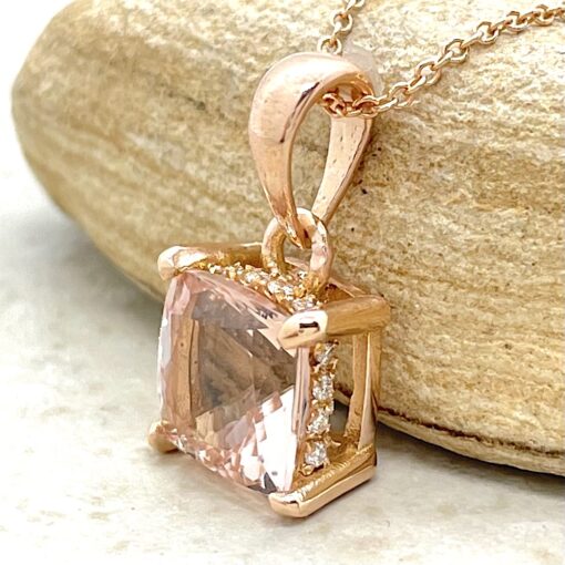 Cushion Cut Morganite Pendant with Side Halo in 18k Rose Gold LS5393