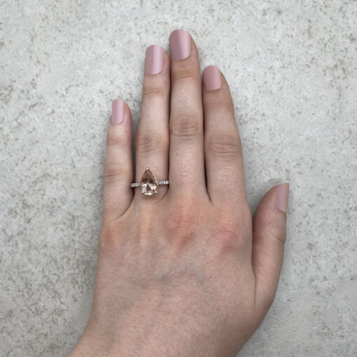 Pear Cut Morganite Engagement Ring Hand Shot in 14k Rose Gold LS6700